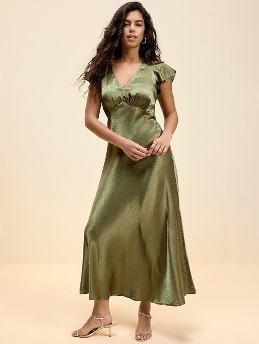 NWT The Occasion by Old Navy Satin Flutter-Sleeve Maxi In Bare Ground Size XS